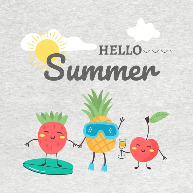 Hello Summer Cool design for summertime. Strawberry, cherry, pineapple with a beach landscape by SweetMay